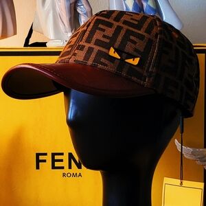 Fendi Brown FF Monster Eyes monogram baseball cap hat Thick Leather Brim